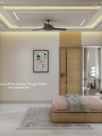 A simple yet elegant bedroom design with a focus on clean lines and good lighting. The full-length mirror with integrated lighting is a practical and stylish addition.