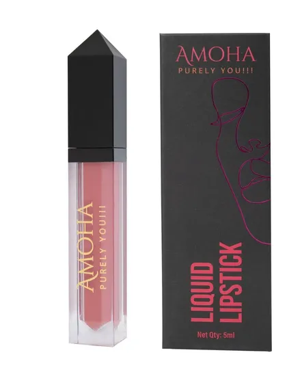 A pink 'Amoha' lipstick next to its box, on a white background.