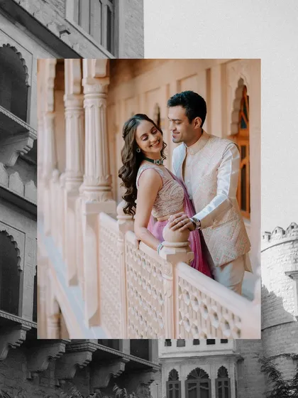 A creative edit from Kanav and Saloni's palace shoot in Khimsar, blending a color portrait with monochrome architectural details for an artistic effect.