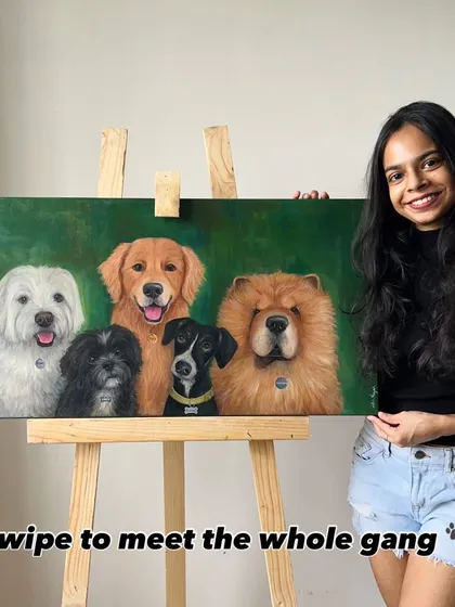 This is one of my favorite and most challenging pieces. I combined photos of five beloved dogs into one big, happy family portrait on a large canvas. It’s moments like these, seeing them all together, that make my job the absolute best.