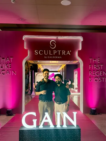 My son, Dr. Gurjot, and I at the Sculptra GAIN event. It is a privilege to share this journey of advancing regenerative aesthetics with the next generation of doctors in my family.