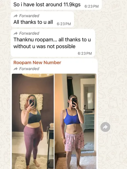 A screenshot of Pahi's message to the team, thanking them for her 11.9 kg weight loss.