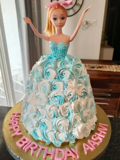 Another take on the doll cake, this time with a stunning blue and white rosette dress. I can customize the colors to match any theme.