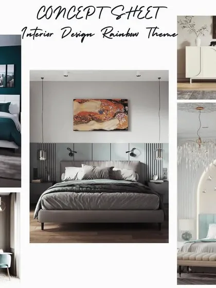 A concept sheet for a project with a "Rainbow Theme." This mood board gathers inspiration for using a variety of colors and textures to create a vibrant and eclectic interior.