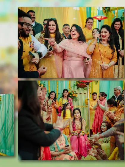 The joy of a Haldi is in the participation. These photos capture family members singing and dancing, adding to the celebratory energy of the event.