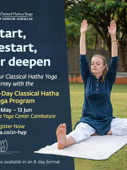 This image shows a practitioner in a seated asana, representing the deep inner work of the 21-Day Classical Hatha Yoga Program. It is an opportunity to start, restart, or deepen your journey.