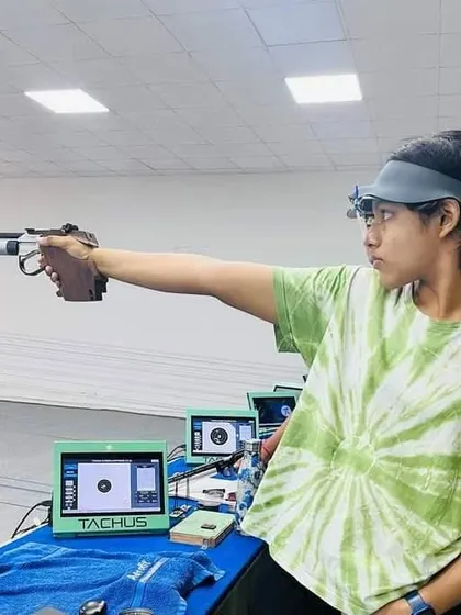 Pranavi in action at the 66th National Shooting Championship, where her score of 568 secured her a spot in the upcoming Indian Team Trials.