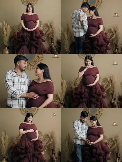 A collection of moments from a single glamorous session. This collage displays both solo portraits of the mom in her gown and tender interactions with her partner, showing the variety we can capture.