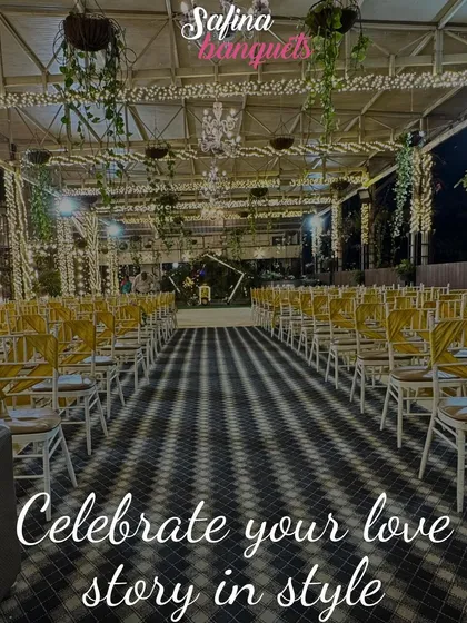 A nighttime view of the Sky Terrace, set up with a checkered aisle runner and elegant seating, perfect for celebrating your love story in style.