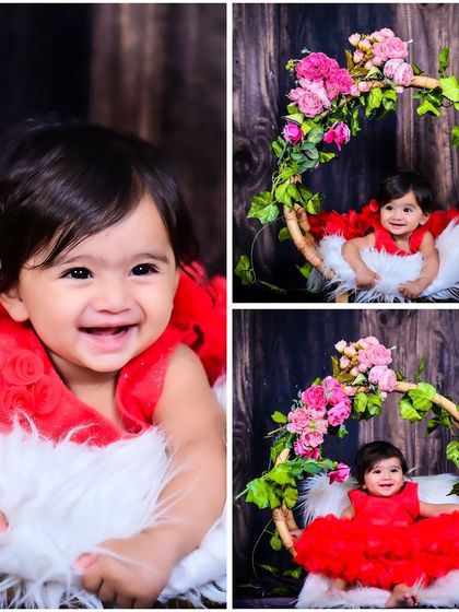 A collage of a baby girl in a red dress, smiling and sitting in a beautiful floral swing.