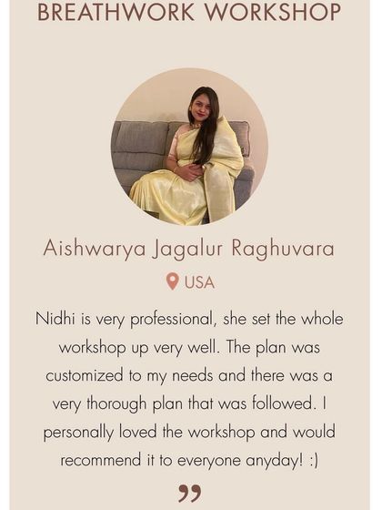 Another kind word from Aishwarya about the professional and customized plan for her breathwork workshop. It's so rewarding to see students enjoy the process.