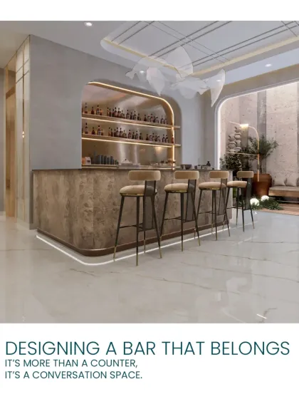 A well-designed home bar is a conversation space. This one features a textured bar counter, comfortable stools, and an arched, backlit display for bottles.