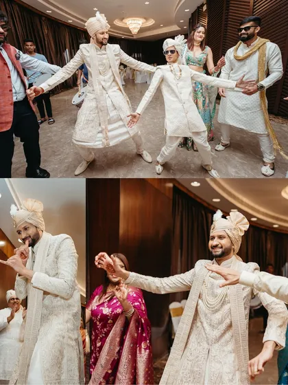More fun from the baraat! This collage shows the groom and his friends showing off their synchronized dance moves, a moment of pure fun and friendship.