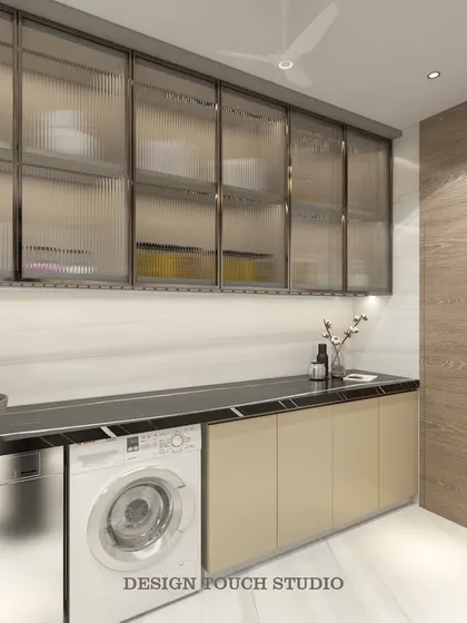 This render shows the seamless integration of the washing machine and dishwasher under the countertop, demonstrating our focus on smart, clutter-free design.