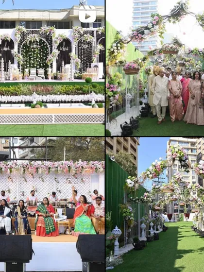 An event dump showcasing a beautiful outdoor garden wedding, including the main stage, guest seating, and the floral entrance aisle.