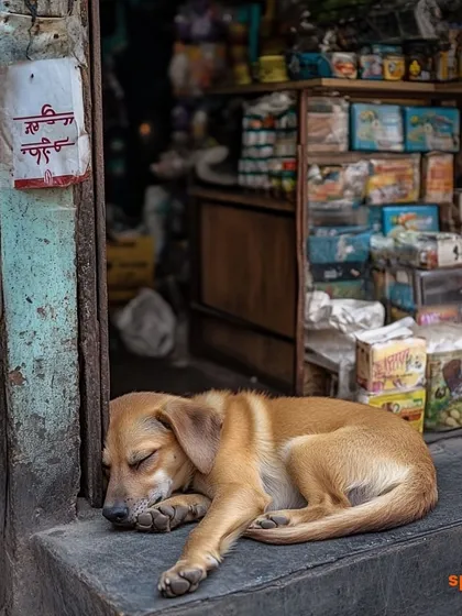 Another angle of a sleeping street dog, finding comfort and rest wherever it can.