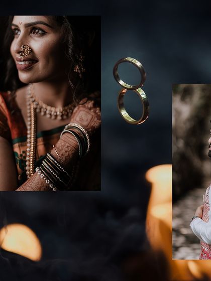 An artistic collage with dramatic lighting, showcasing individual portraits of the bride and groom along with their engagement rings.