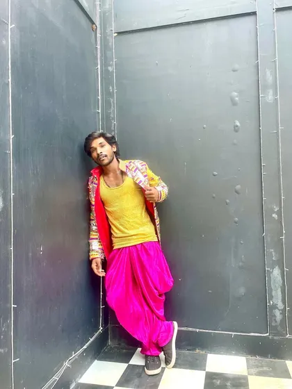 On set for a Bhojpuri song shoot with Khesari Lal Yadav sir. Here I am in my costume, ready for the take.