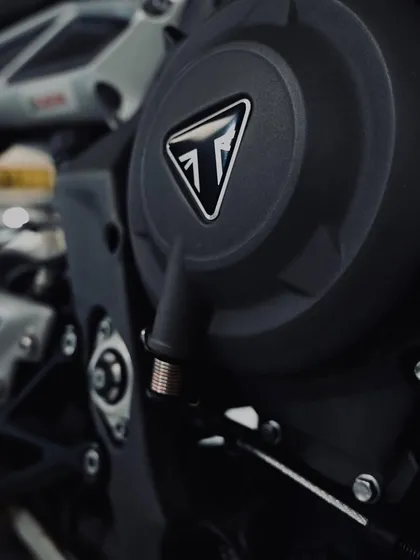 A close-up of the Triumph engine casing on the Street Triple RS.