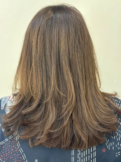 This back view shows a beautiful layered haircut on hair with a rich, even brown color. The global color provides the perfect canvas to showcase the precision of the cut.