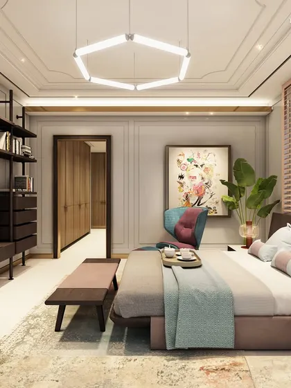 A wider view of the daughter's bedroom, showcasing the seamless connection to the outdoors through floor-to-ceiling windows. The room includes a 20-foot wardrobe and cozy leisure zones, with a modern hexagonal light fixture adding a geometric element.