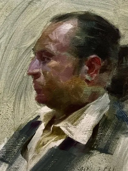 The finished oil on canvas portrait from my live demonstration at the Juhu gallery. The piece captures a quiet, contemplative mood through a muted color palette and expressive, visible brushwork.