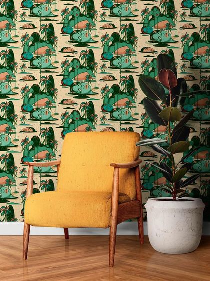 A mockup of the 'Sadness' pattern used as wallpaper, transforming an interior space into a surreal, emotive environment.