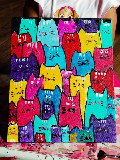 Cute cat paintings by even cuter kids. This colorful pattern project is great for learning about repetition, color theory, and fine motor control.