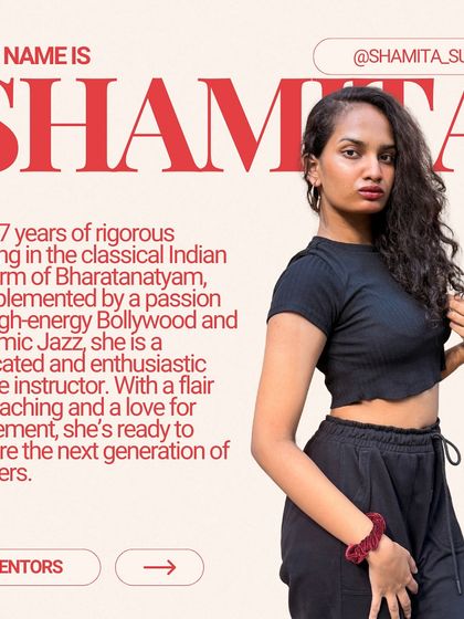 Meet Shamita, who brings 7 years of rigorous Bharatanatyam training and a passion for high-energy Bollywood and dynamic Jazz to her classes.