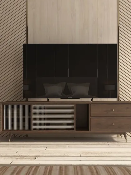 This vintage-style floating TV unit brings warmth and character to the room. The combination of wood grain and slatted details offers a touch of nostalgia with modern functionality.