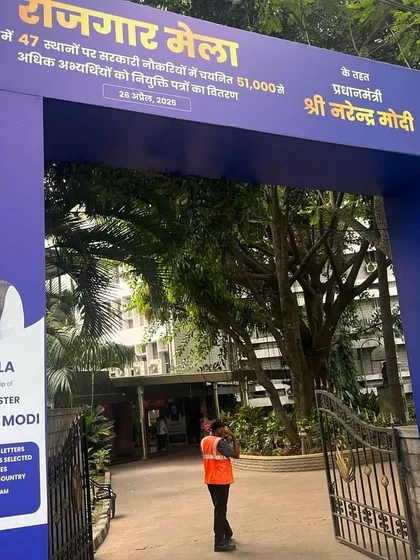 The main entrance arch for the Rozgar Mela, a government job fair. Our team ensures all branding and signage is clear, professional, and welcoming for important public initiatives.