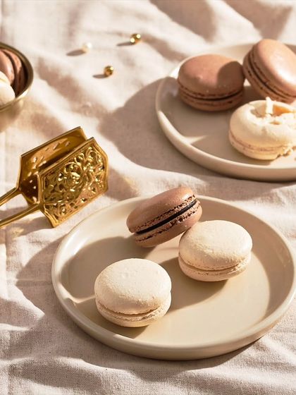 My macarons, with their crisp shells and gooey centers, are perfect for gifting. Here they are elegantly arranged on plates with a beautiful gift box nearby.