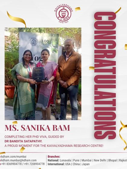 I celebrate the academic achievement of Ms. Sanika Bam on completing her PhD Viva from my research center. This reflects my dedication to fostering deep scholarly inquiry into yogic science.
