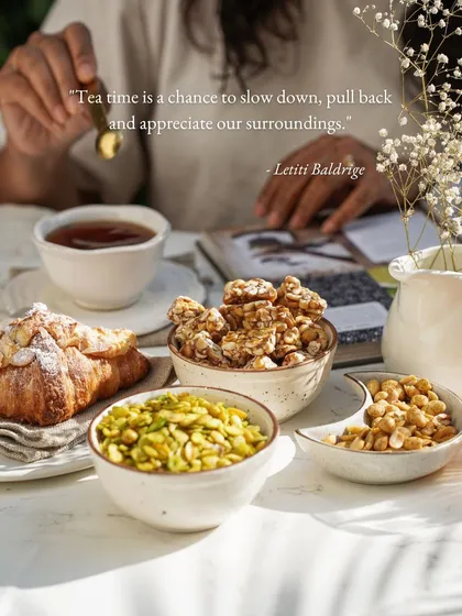 A quiet afternoon moment, made better with a few of my favorite snacks. My peanut chikki is featured here alongside pudhina lime peanuts and masala avarebele, showing how well it pairs with other savory treats.