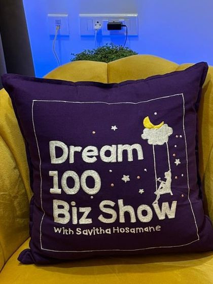 I also take on custom commissions for businesses. Here is a cushion cover I embroidered with the logo for the 'Dream 100 Biz Show'.