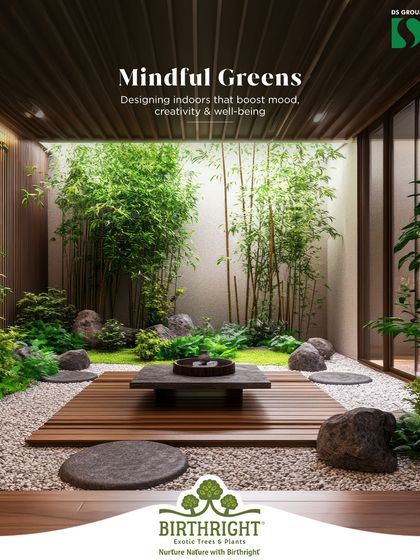 This is what I call mindful greens. I design indoor sanctuaries, like this Japanese-inspired courtyard, that use bamboo and rocks to boost mood, creativity, and well-being.