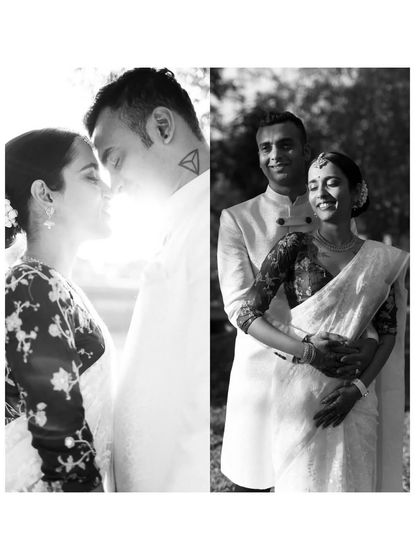 A collage of black and white portraits capturing the couple's love and laughter. The backlighting and their expressions create a set of timeless and emotional images.