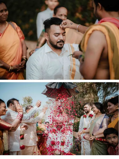 The Kashi Yatra ritual, a significant part of many South Indian weddings. Here, Suhas is surrounded by family during a fun and meaningful tradition before the main ceremony.