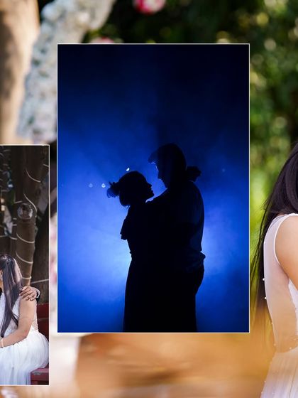 A creative pre-wedding collage featuring a dramatic blue silhouette, showing my ability to experiment with light and colour to create unique and artistic couple portraits.