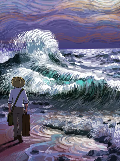 The artist stands before the ocean, suitcase in hand, ready to step into the tumultuous waves. This is a metaphor for embracing the unknown, leaving the safe shore behind to journey into the vast, unpredictable sea of life and creativity.