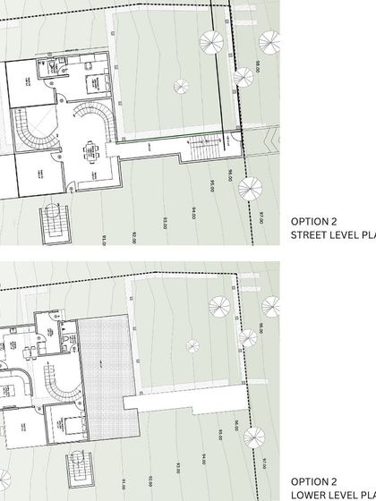 The street level and lower level plans for the V2 House. The design had to negotiate a 60-foot height difference, establishing different levels for commercial use, living, and access to the tea plantation below.