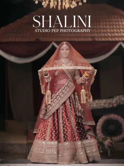 A stunning portrait of the bride, Shalini, under her veil, her pose regal and her expression full of grace.