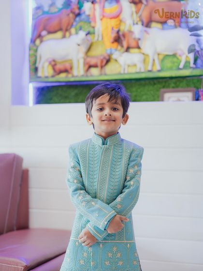 Our bestselling sherwani, customized in a dreamy sky-blue color. This piece shows how we can adapt our classic designs to your preferred palette, ensuring a unique and comfortable fit for any wedding season.