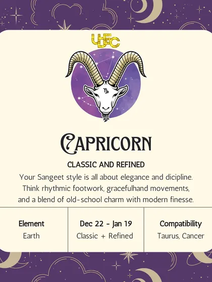 Capricorn, your sangeet style is classic and refined. You appreciate elegance and discipline, blending old-school charm with modern finesse in your footwork.