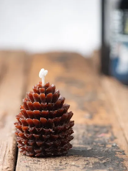 A close-up of my detailed brown pinecone candle. It has a rustic, natural look that's perfect for woodland-themed Christmas decor.