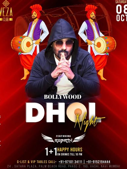 A poster for a Bollywood Dhol Night, featuring dhol players in the background to highlight the fusion experience.