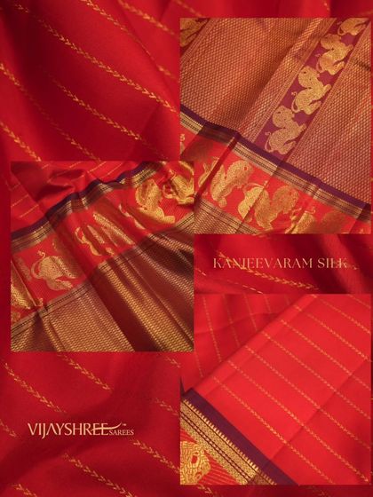This collage showcases the details of the red Yalli motif Kanjivaram, including the striped body and the intricately woven border.