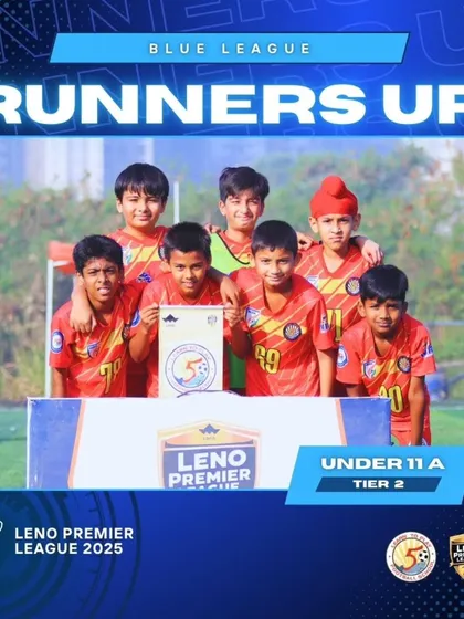 The Under-11 Team A squad with their runners-up trophy from the Leno Premier League 2025 Blue League.