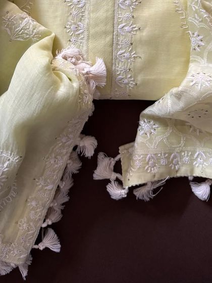 A macro shot of the dupatta and sleeve border, showing the fine Chikankari and Mukesh sparkle.