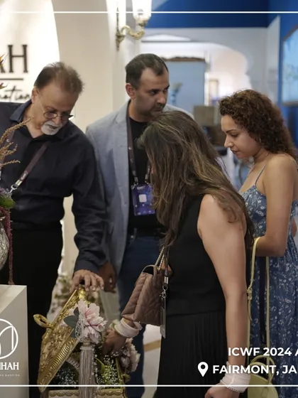 Guests exploring our opulent wedding hampers at the ICWF event in Jaipur. Our booth was filled with a variety of gifting solutions for every celebration.